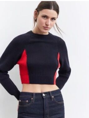 Zara Navy Crewneck Cropped Sweater with Red Side Panels